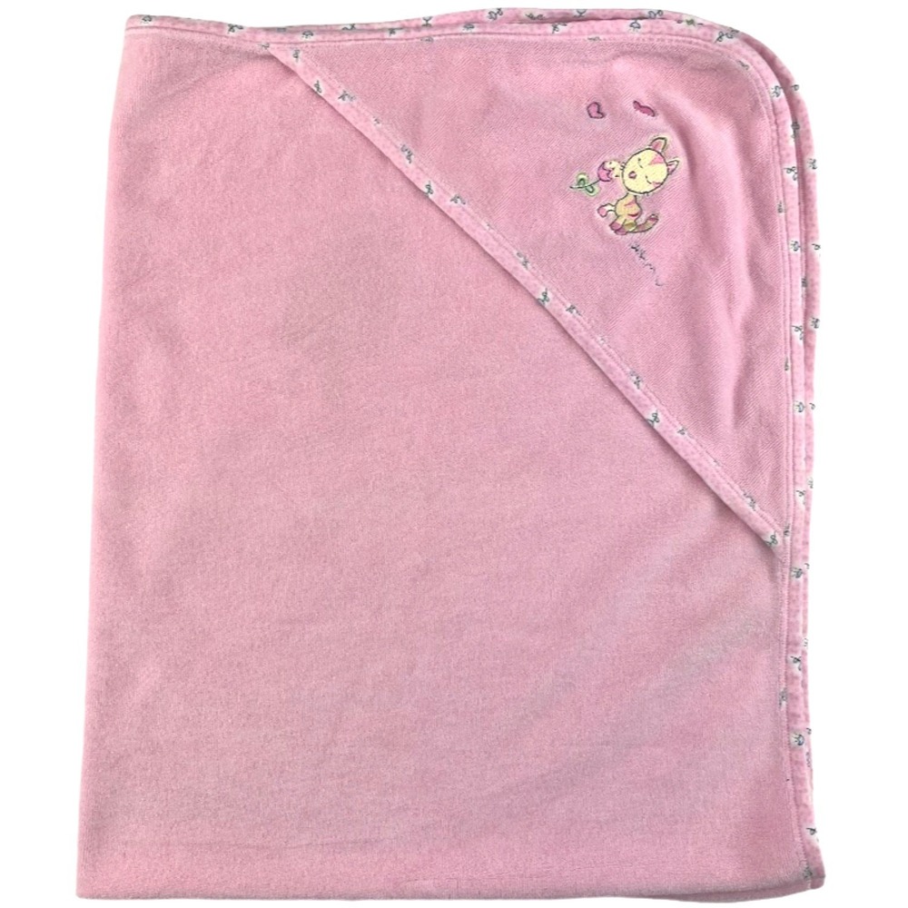 2001 Carters Pink Emu Baby Blanket Cat Flower Hooded Towel 28x36 Girl Vintage